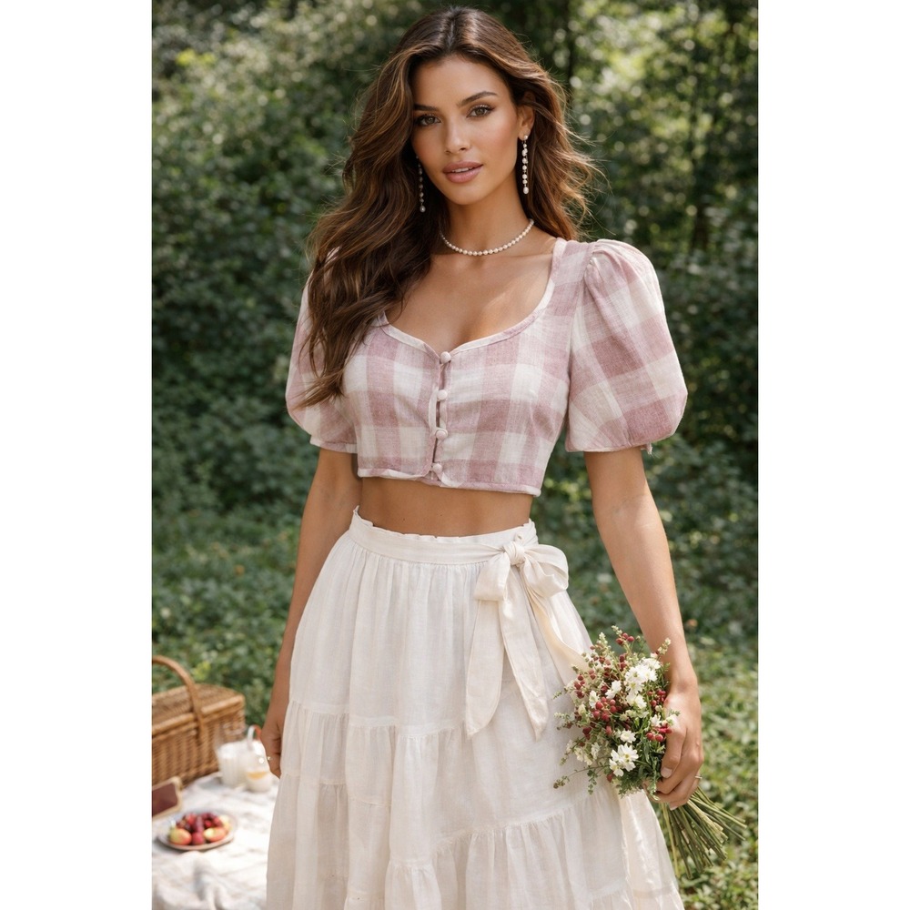 Mable‎ Crop Top Womens S Linen Blush Gingham Plaid Coquette Puff Sleeve Festival